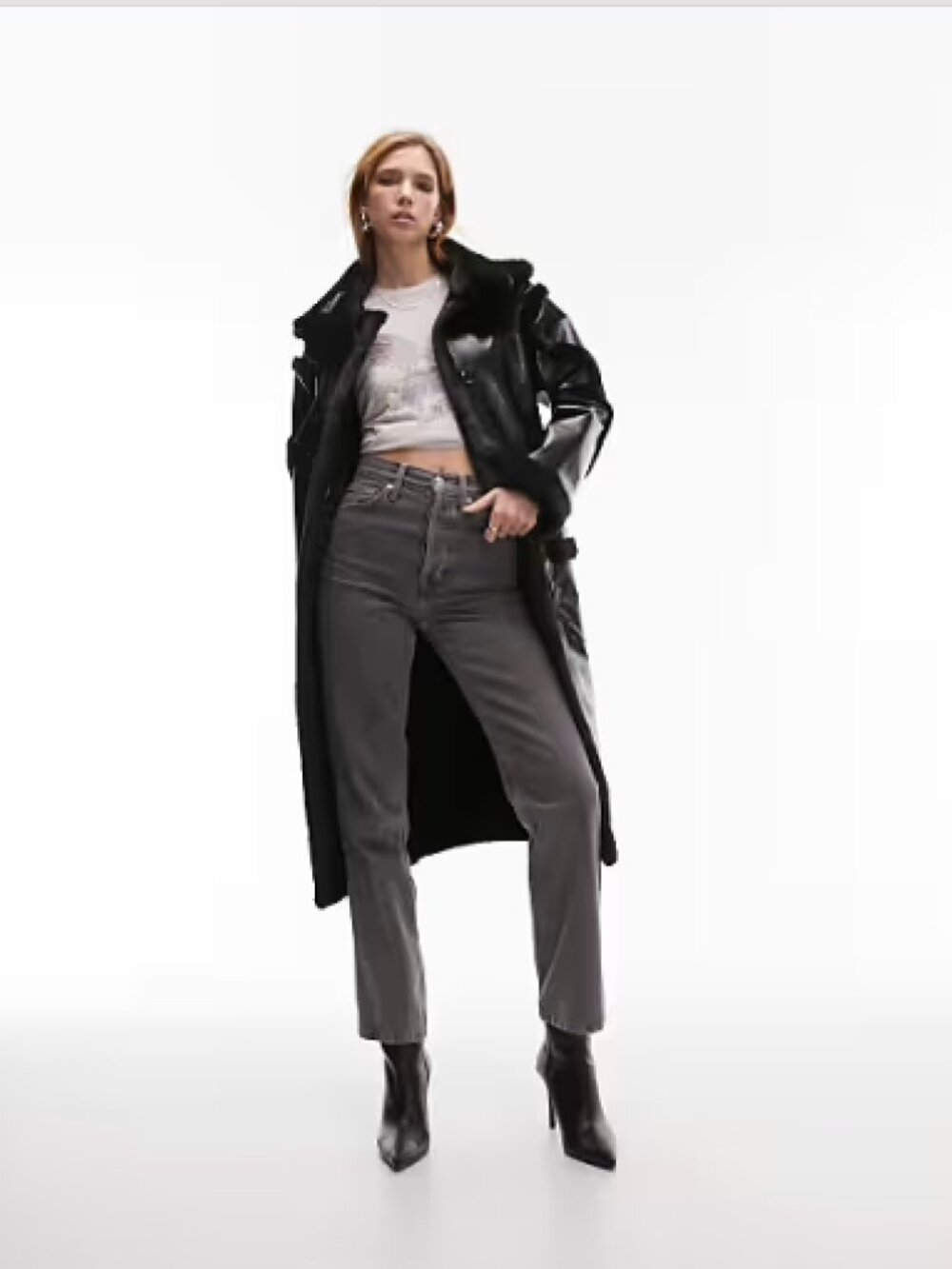 Topshop longline borg aviator coat with hood BLACK US 4